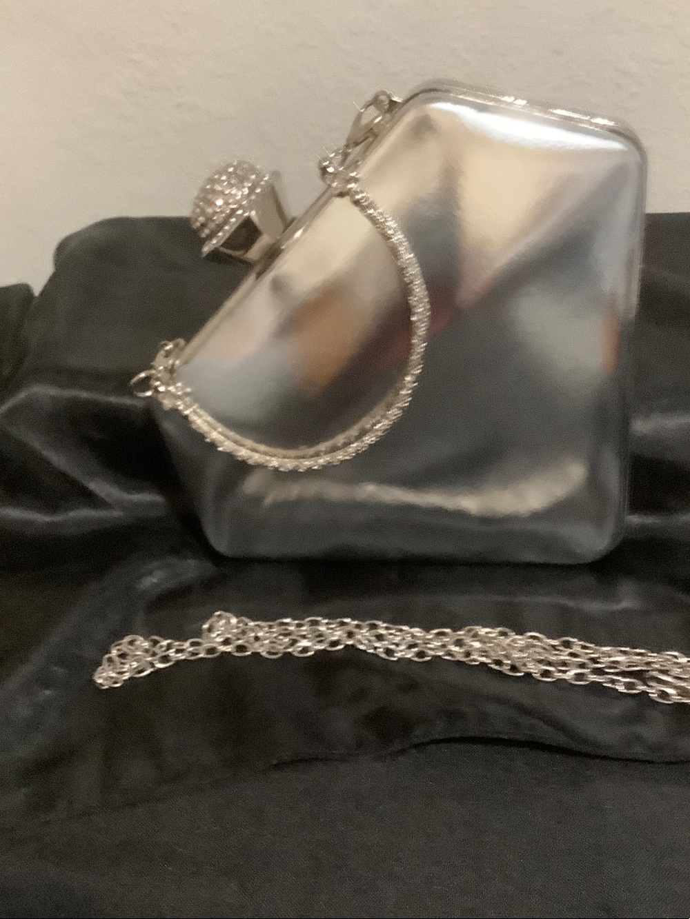 Silver Metallic Evening Clutch Bag with Chain